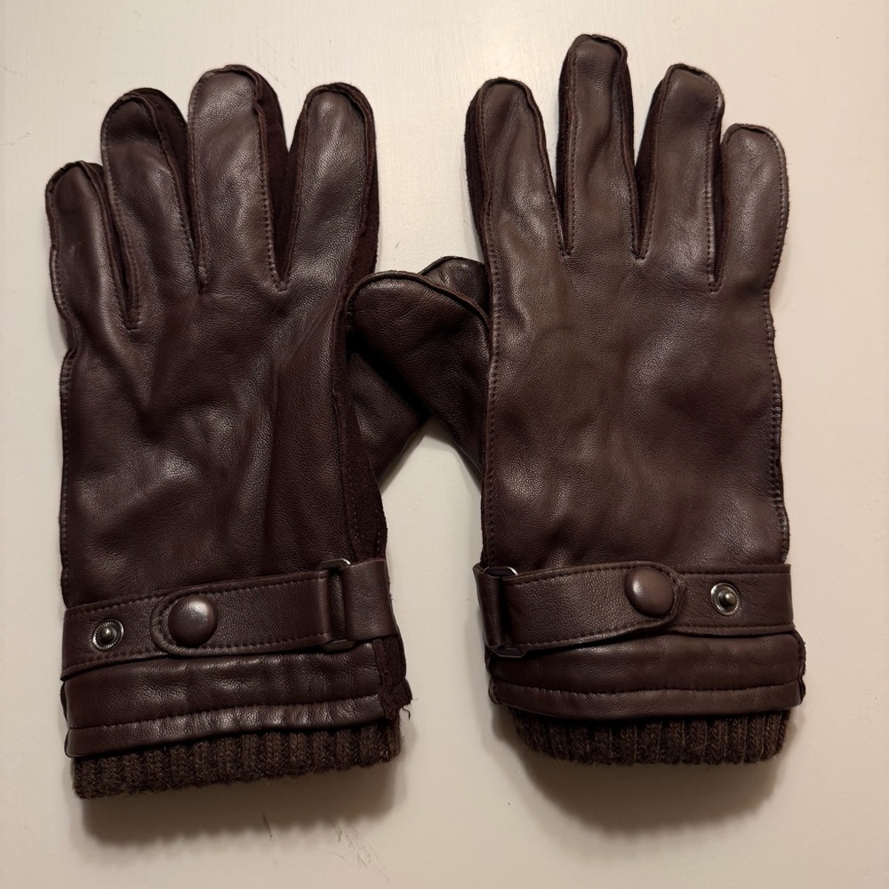 Bruno Magli Brown Leather Gloves Cashmere Trim Size M Buckle Cuff
